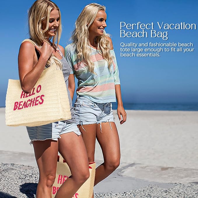 Hello Beaches A Packable Beach Bag | The Straw Beach Tote Bag of 2025 | Beach Bags for Women Vacation | Large Beach Bag - Image 5