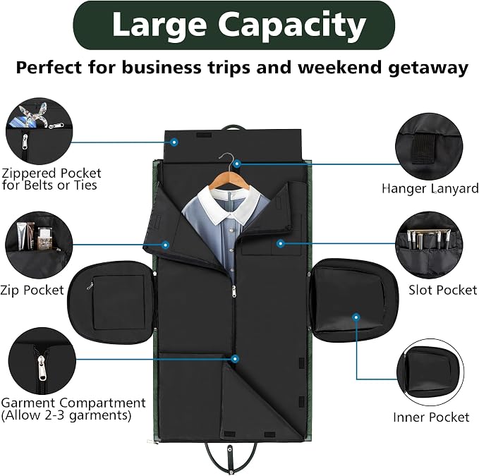 Convertible Garment Duffle Bags for Travel - Carry On Garment Bags With Toiletry Bag, Large Weekender Bags for Women Men 2 in 1 Hanging Suitcase Suit Travel Duffel Bags (2pcs Set, Green) - Image 3