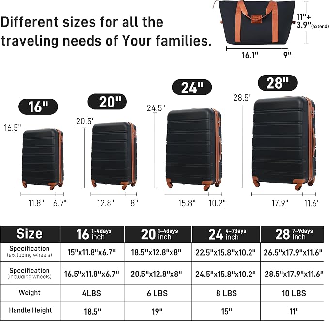 Merax Luggage sets of 13 Piece 16 20 24 28 IN Carry on Luggage sets 4 piece Hardcase Black and Brown Luggage Expandable Suitcase Set with Wheels - Image 2