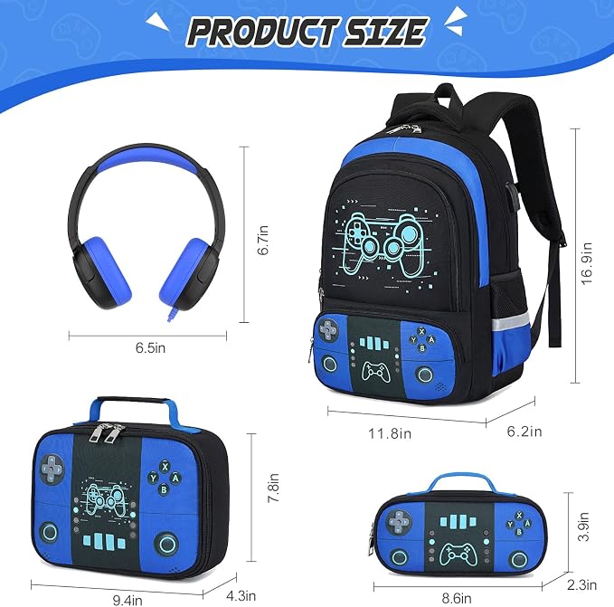 Bevalsa Backpack for School Boys,Cool Luminous Gamer Boys Backpacks with Wired Headphones Lunch Box Pencil Case,Kids Schoolbag for Kindergarten Elementary School(Blue Game Backpack with Headphones) - Image 2