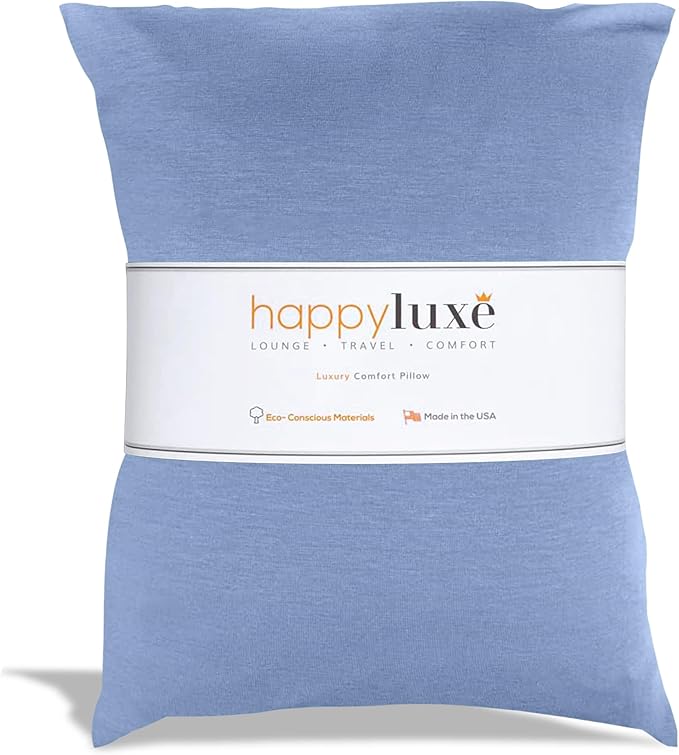 Happyluxe Travel Pillow for Long Flights - Soft, Small, Alternative to Down and Memory Foam. 17 x 13in - Made in The USA, Serenity Blue Airplane Pillow for Adults Sleeping, Camping or Nap by Happyluxe