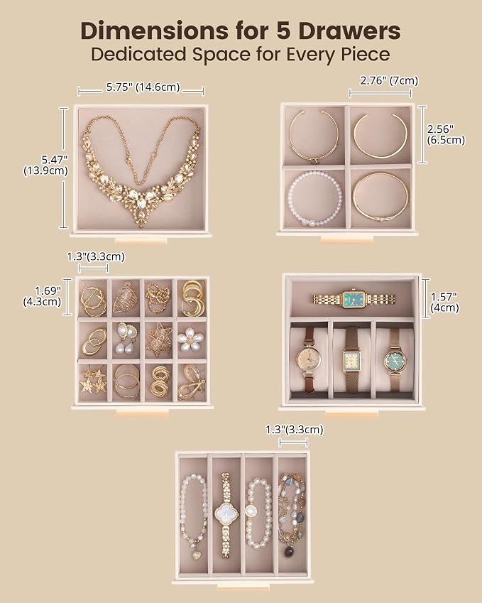 Lolalet Large Jewelry Box Organizer for Women, 6-Layer Jewelry Organizers and Storage Case with Mirror & 5 Drawers, Lockable Watch Ring Earring Bracelet Necklace Holder Girls Gift -6Layer, Beige - Image 7
