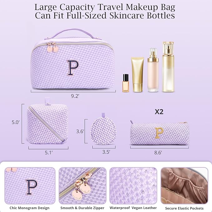 Personalized Gift Travel Makeup Bag: Initial Makeup Organizer Bag for Women | 3-in-1 Custom Make up Bag Set - Vegan Leather Travel Cosmetic Bag - Luxury Gift for Women – Birthday, Anniversary, Graduation - Image 6