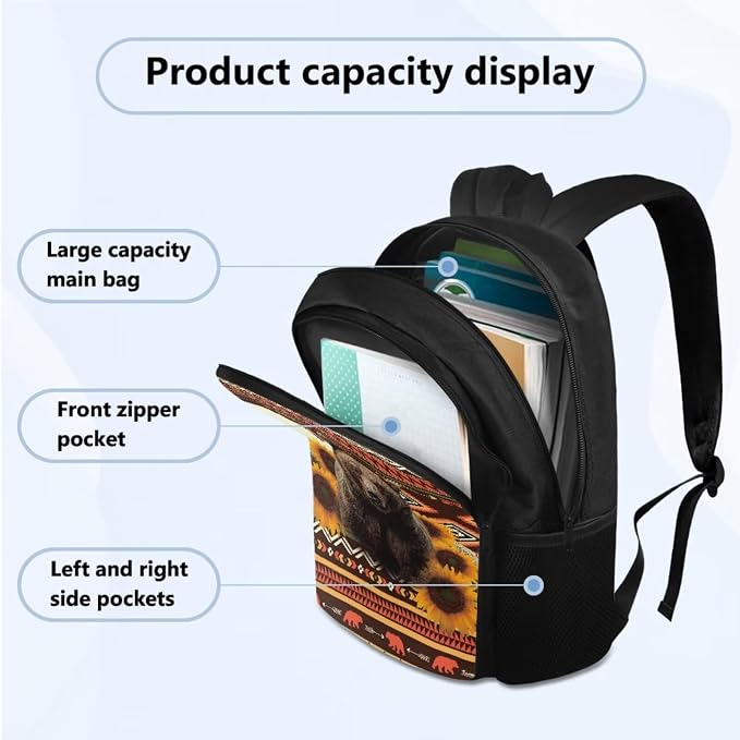 Student Backpack with Leakproof Lunch Bag Pencil Pouch Water Bottle Organizer with Aztec Sunflower Bear, Casual Double Zipper Large Capacity Travel Book Bag Rucksack for Kids - Image 2