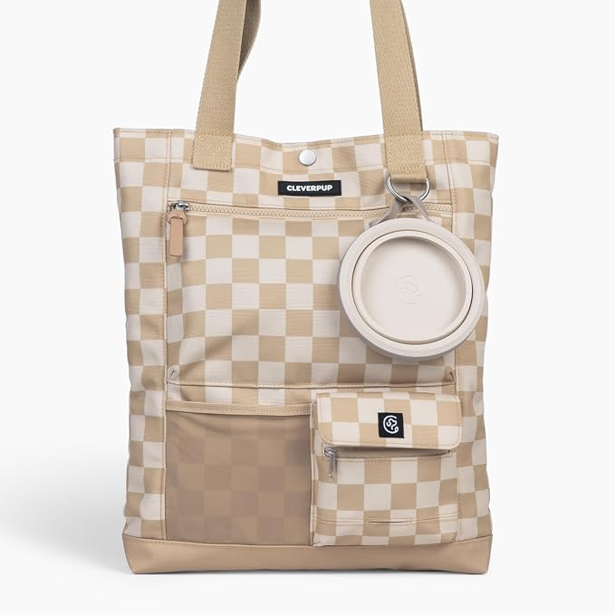 Cleverpup Park Pack 2-Piece Set Dog Gear Tote – Dog Travel Bag with 8 Pockets, Treat Pouch, Poop Bag Dispenser, Quick-Dry Ball Pocket, Collapsible Bowl, Perfect for Walks & Park Trips, Checkerboard by Cleverpup