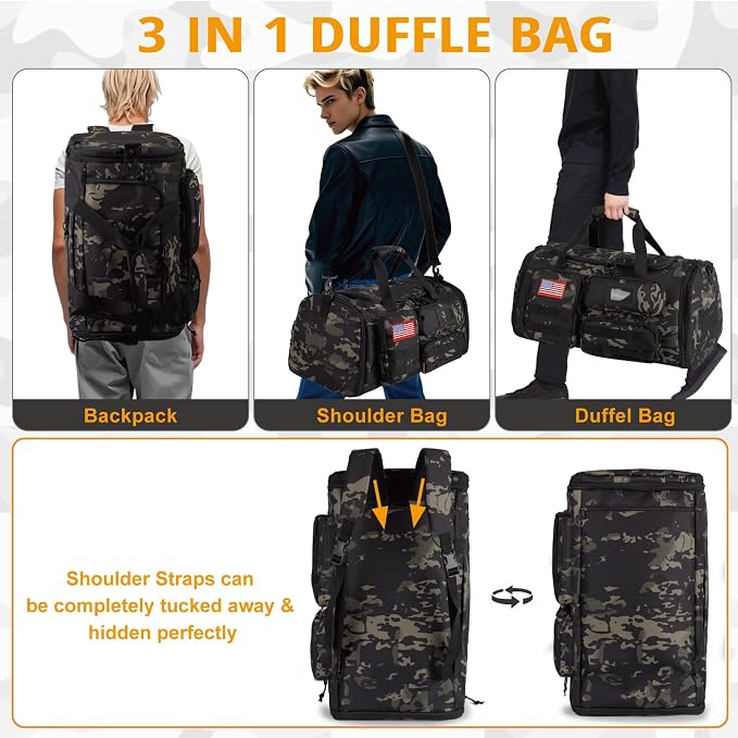 Expandable Gym Bag For Men,Tactical Large 3 in 1 Sports Duffle Bag With Shoes Compartment,Water Resistant Sports Gym Tote Bags Multi-functional Weekend Travel Backpack Overnight Bag - Image 6