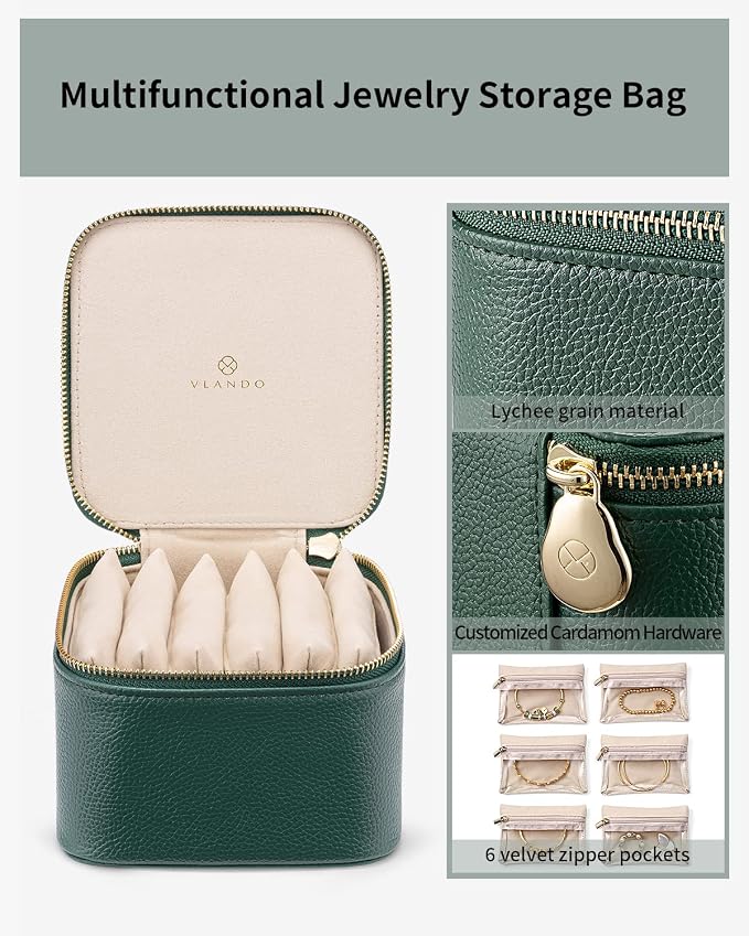 VLANDO Jewelry Travel Case,Travel Jewelry Organizer with Clear Velvet Jewelry Bags 6Pcs Zipper Pouch for Women Girl Christmas Wedding Gift-Green - Image 4