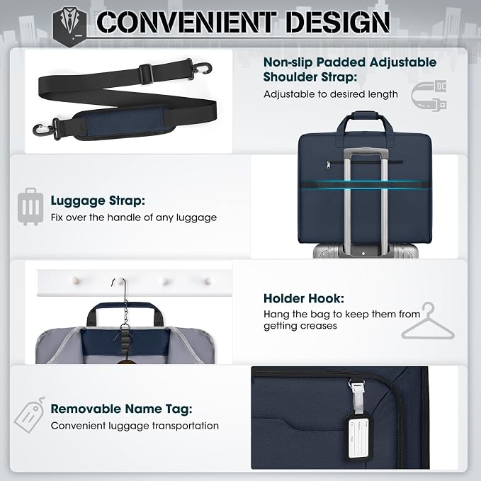 RAINSMORE Garment Bags for Travel Carry On Garment Bag for Hanging Clothes, Suit Bag for Business Trips with Shoes bag & Shoulder Strap, Waterproof Foldable Suit Luggage Bag for Men Women, Blue - Image 5