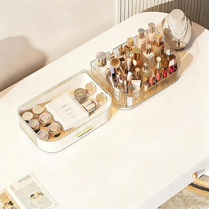 Makeup Organizer with 360° Rotating Brush Holder and Stackable Drawers, Cosmetic Display Case for Vanity, Bathroom Countertop (White, 2 Layer) - Image 8
