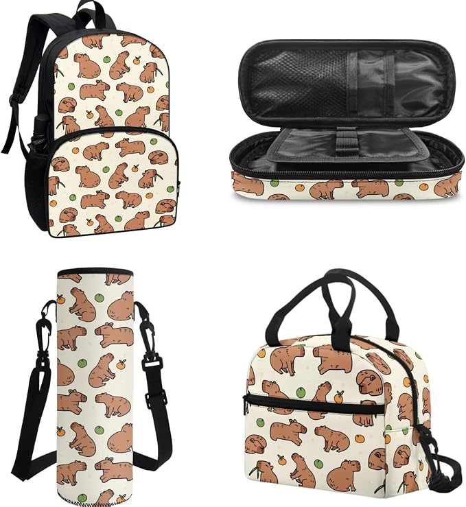 4Piece Personalized Cartoon Capybara Backpack Kids Schoolbag Sets with Lunch Box,Pencil Case Water Holder Sleeve Crossbody Bag for Boy Girl 9-10,17Inch Large Capacity Bookbag Casual Daypack - Image 3