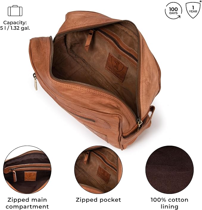 BERLINER BAGS Vintage Genuine Leather Toiletry Bag Paul, Large Capacity Cosmetics Bag for Men and Women for Travel - Brown (1 Compartment) - Image 4