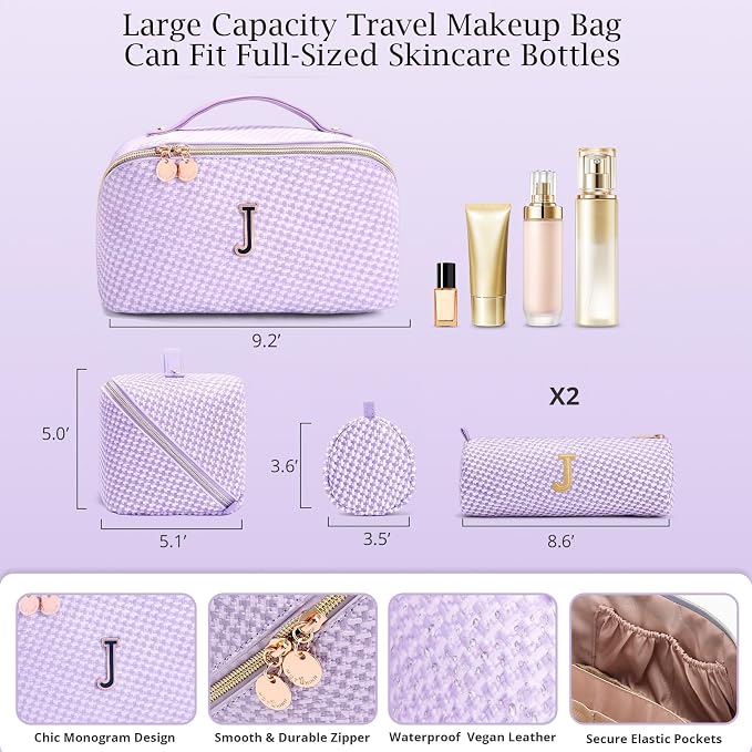 Personalized Gift Travel Makeup Bag: Initial Makeup Organizer Bag for Women | 3-in-1 Custom Make up Bag Set - Vegan Leather Travel Cosmetic Bag - Luxury Gift for Women – Birthday, Anniversary, Graduation - Image 6