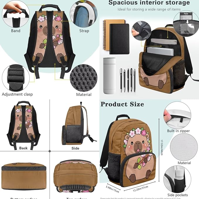 4 PCS Backpacks for Kids Capybara Backpack School Bag with Reusable Lunch Box Water Bottle Carrier Bag Pencil Case Set Preschool Kindergarten - Image 4