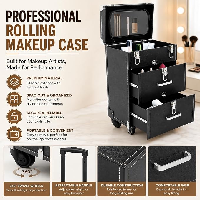 Rolling Makeup Case with Drawer Cosmetic Trolley 3 Tier Travel Cosmetic Organizer on Wheels Salon Barber Case for Makeup Artist Tattooist Nail Tech Hairstylists (Type F, Black) - Image 5