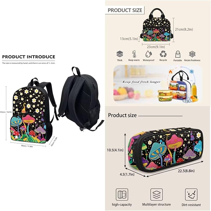 Black Fantastic Mushroom Backpack with Lunch Box and Pencil Case Girls Comfy Padded Cute School Backpack Set of 3 Bookbag for Student Lightweight Large Capacity Daypack - Image 2