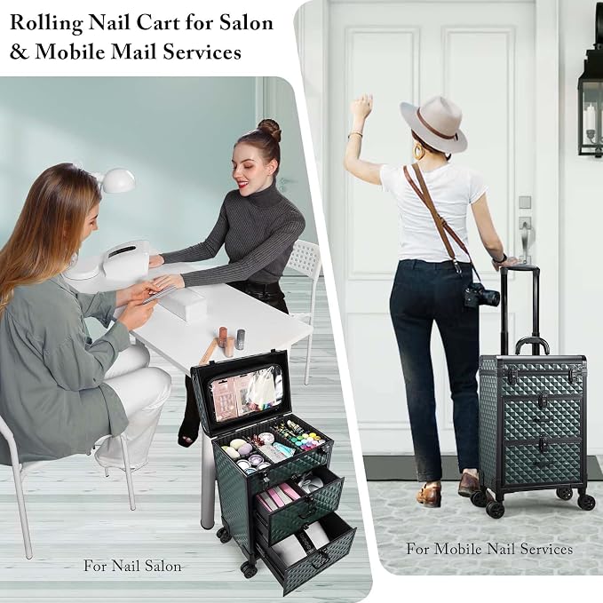 Professional Rolling Makeup Train Case with Drawers, Makeup Case on Wheels, Nail Tech Rolling Cart Storage Organizer Trolley Make up Case for Travel Makeup/Nail Art/Hair Styling, Dark Green - Image 4
