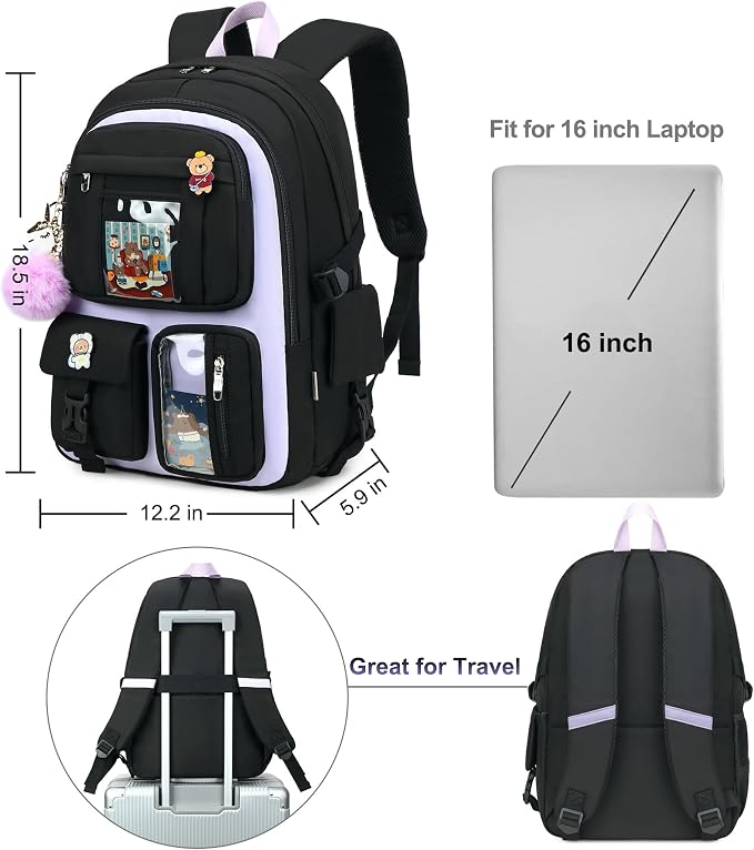 LXYGD Laptop Backpacks 16 Inch School Bag College Backpack 3 PCS with Lunch Box Pencil Pouch Set Large Travel Daypack Kawaii Bookbags for Teens Girls Women Students (Black Purple) - Image 6