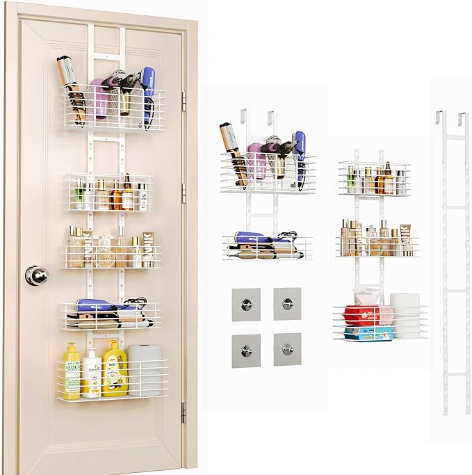 Yuyetuyo 5-Tier Over The Door Organizer Bathroom Shelves Hair Tool Organizer - Hair Dryer Holder Adjustable Height, DIY Bathroom Storage Shelf Wall Mounted Behind The Door Storage by Yuyetuyo