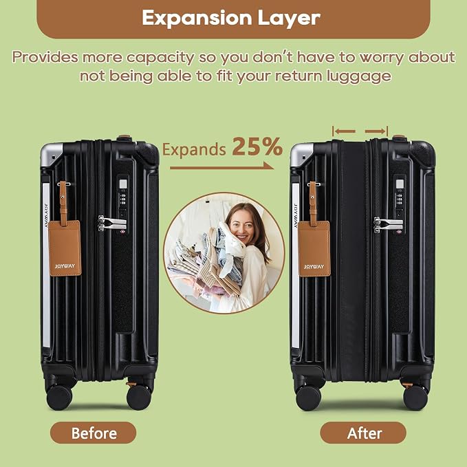 Joyway 5 Piece Luggage Set with Cup Holder, Expandable 25% Capacity, Includes Handbag, Anti Slip Wheels, Hook, Smart Carry On Suitcase for Men and Women, Spinner Travel Black - Image 4