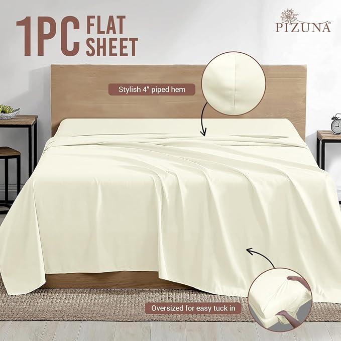 Pizuna Pure 100% Cotton Flat Sheets Only Queen Off White (1 PC), Luxurious 400 Thread Count Long Staple Cotton Sateen with 4inch Hem (Combed Queen Flat Sheet Only Cotton) - Image 3