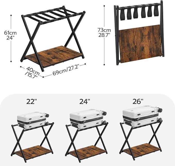 HOOBRO Folding Luggage Rack, Suitcase Stand Holder with Wooden Storage Shelf, Holds up to 110 lb, 27.2 x 15.7 x 24 Inches, for Guest Room, Bedroom, Closet, Hotel, Rustic Brown and Black BF68XL01G1 - Image 3