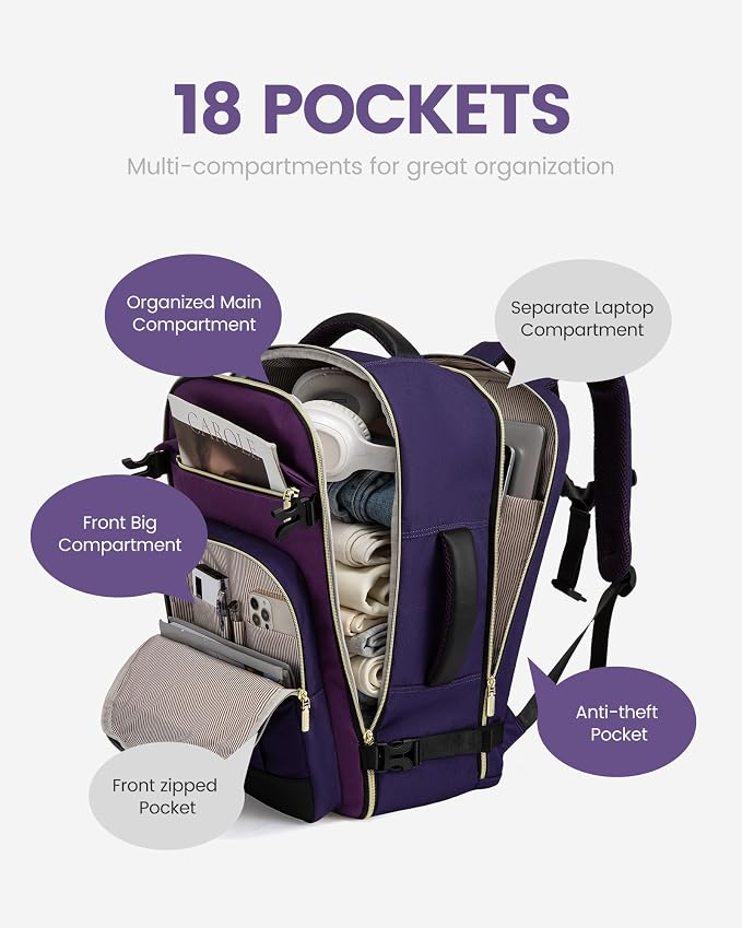 LOVEVOOK 50L Travel Backpack for Women & Men - 18 Inch Carry On Backpack & Personal Item Backpack for Airlines, Spacious and Durable Design, with 3 Packing Cubes - Image 5