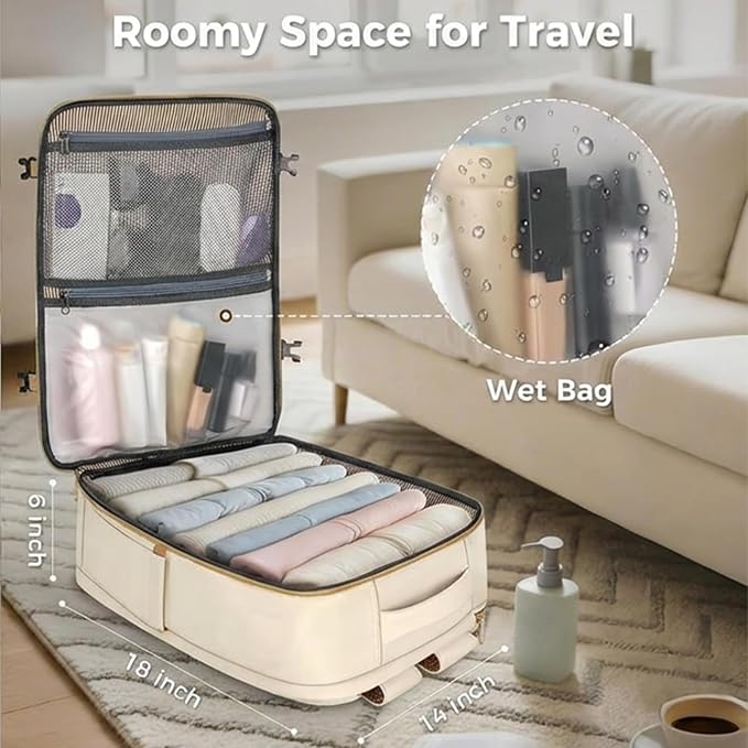 Taygeer Frontier Airlines Personal Item Bag, 18x14x8 inches Travel Bag | TSA Approved Underseat Backpack 40L for Women Weekender Fits Allegiant & JetBlue, Carry on Backpack with Shoe Pouch, Beige - Image 8