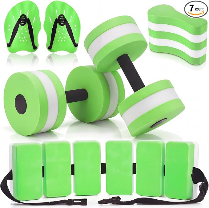 7 Pcs Pool Exercise Set Including 2 Lightweight Aquatic Dumbbells, 2 Swimming Hand Paddles, Pull Buoy, Pool Mesh Bag Swim Belt Sport Equipment for Water Aerobics Exercise by Sonwyoung