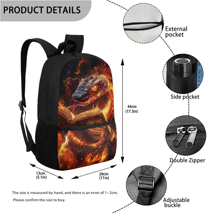 Reading Boys Snake School Backpack 4Pcs Set with Insulated Lunch Box Pencil Case Water Bottle Holder 17 Inch Cool Fire Snake Bookbag Ages 5-12 Grades K-6 Back to School Birthday Gifts - Image 3