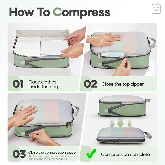Veken 9/11 Set Compression Packing Cubes Garment Bags for Travel Essentials,Compressible Expandable Luggage Organizer Bags for Clothing,Space Saver Bags with Over 1000 pcs of Mesh Holes(Matcha Green) - Image 3
