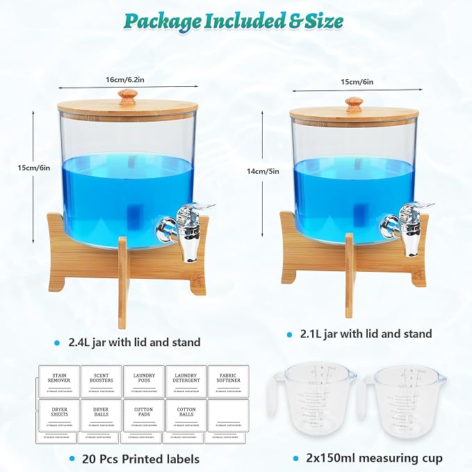 Laundry Detergent Dispenser*2 with Shelf & Bamboo Lid for Liquid Detergent, Laundry Soap Scent Booster & Fabric Softener Dispenser for Laundry Room Organization and Storage with 2 Cups & 20 Labels - Image 3