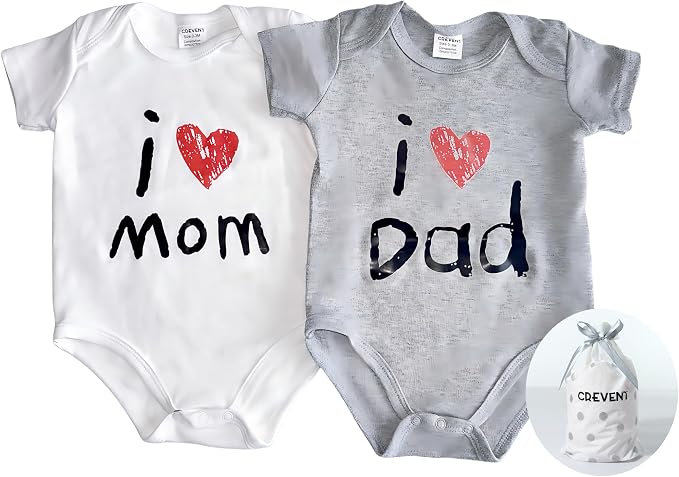 CREVENT Set for Newborns 0-3 Month 100% Cotton Bodysuit- I Love Dad & Mom Onesie 2 Packs (Grey & White Rompers with a Gift Bag) by CREVENT