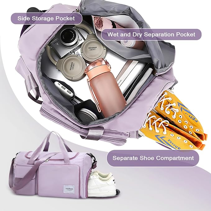 WOOMADA Foldable Travel Duffel Bag with Shoes Compartment, Overnight Bag with Wet Pocket & Trolley Sleeve, Weekender Bags for Women(B-black leopard) - Image 5