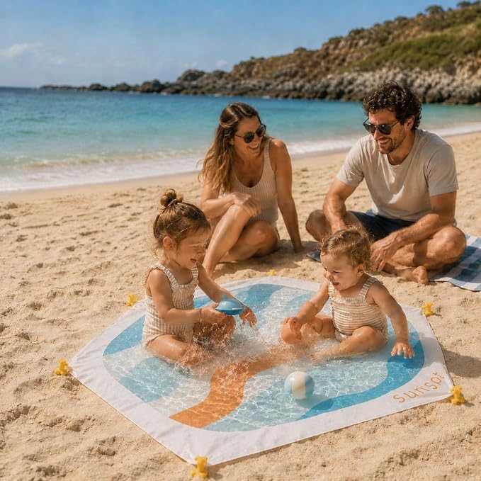 SUNSPOT 5ft Kids Beach Pool – Portable In-Ground Sand Liner with 8 Anchors, Fun Filling Bucket & Travel Carry Bag. The Ultimate Pop-Up Wading Splash Pool for Toddlers and Infants (Funky Waves) - Image 5