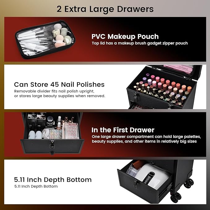 Professional 3 in 1 Rolling Makeup Case Cosmetology Case on Wheels 2 Large Drawer Nail Case Trolley Traveling Cosmetic Train Case with Makeup Pouch for Artists Nail Technician Salon Cart Trunk Black - Image 2