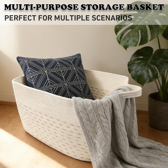 65L Collapsible Woven Rope Laundry Basket with Handles, Yellow | 21x16x12 Foldable Rectangular Blanket Basket for Toys, Clothes & Pillows,Ideal for Nursery, Bathroom, Bedroom, Living Room - Image 6