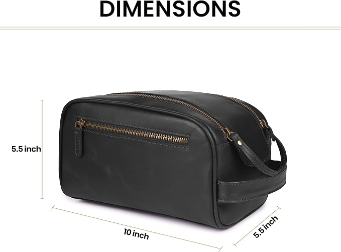 Full Grain Leather Toiletry Bag for Men & Women – Water-Resistant Travel Shaving Kit Organizer with YKK Zipper, Spacious Bathroom Grooming & Cosmetic Storage Case - Black - Image 5
