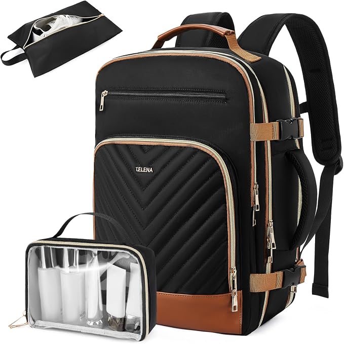 Telena Travel Backpack for Women, 15.6 inch Laptop Backpack TSA Carry on Backpack Personal Item Size Flight Approved Travel Bag Daypack with Multi-Pockets for Work, Travel, Business, Black-Brown by Telena