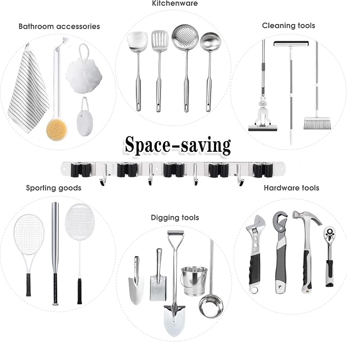 AceMining 5 Racks and 4 Hooks Mop and Broom Holder Wall Mount, Broom Organizer Storage Tool Racks Stainless Steel Heavy Duty Hooks Self Adhesive Solid Non-slip for Home Kitchen Garden Laundry Garage - Image 4