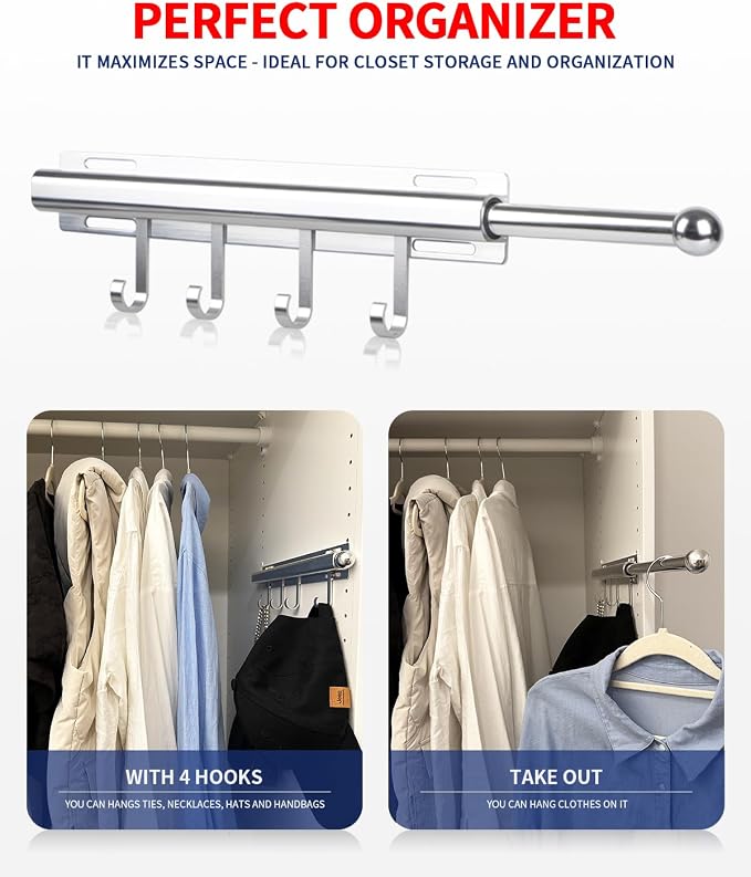 BaiNong Valet Rod for Closets Pull Out 12" Silver with 4 Hooks | Closet Valet Rod Slide Out for Closets, Laundry Rooms, RVs Space-Saving - Image 2