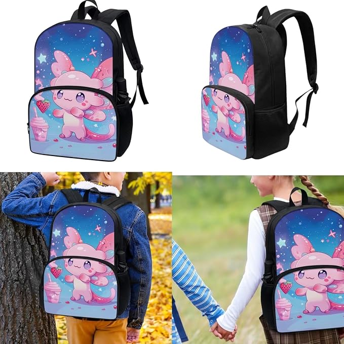 Axolotl School Backpack for Girls with Lunch Box Kawaii School Bag Set and Lunchbox Pencil Case 17 Inch Book Bags for 3rd Graders Kids Lunch Bag for Primary School - Image 3