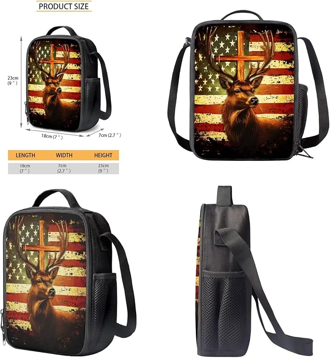 Deer American Flag Cross Backpack Set with Portable Lunch Bag and Pencil Box, Kids Lightweight School Bookbag Set for Teenager, Large Knapsack Set for Girls and Boys - Image 6