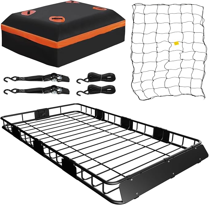 WEIZE Roof Rack Carrier Basket Universal Rooftop 64" x 39" x 5" Large Size Roof Rack + Waterproof Bag, Cargo Net with Attachment Hooks, Ratchet Straps for SUV, Truck by WEIZE