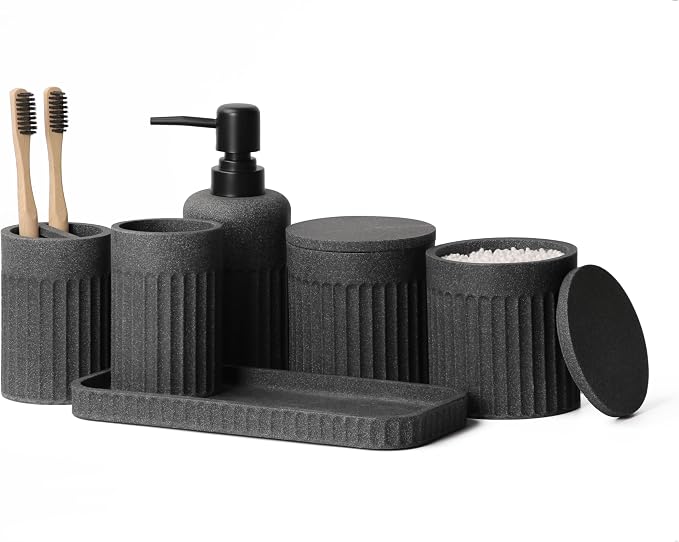 INIUNIK Bathroom Accessory Set - 6 Pieces Bathroom Accessories Set Complete with Soap Dispenser, Toothbrush Holders, Tumbler, Vanity Tray and 2 Qtip Holder for Home Organizer and Decor, Dark Grey by INIUNIK