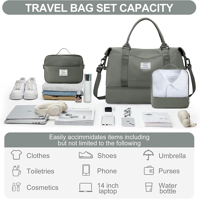 Weekender Bags for Women, Carry-On Overnight Travel Duffel Bag | Travel Bag with Shoes Compartment & Toiletry Bag, Extra Large, 3 Pcs Set - Image 3