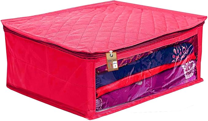 atorakushon Set of 5 Fabric Satin Saree and Blouse Covers Garments Clothes Storage Bag Wardrobe Organizers With Double Zip Lock & Transparent Window (Pink) - Image 4