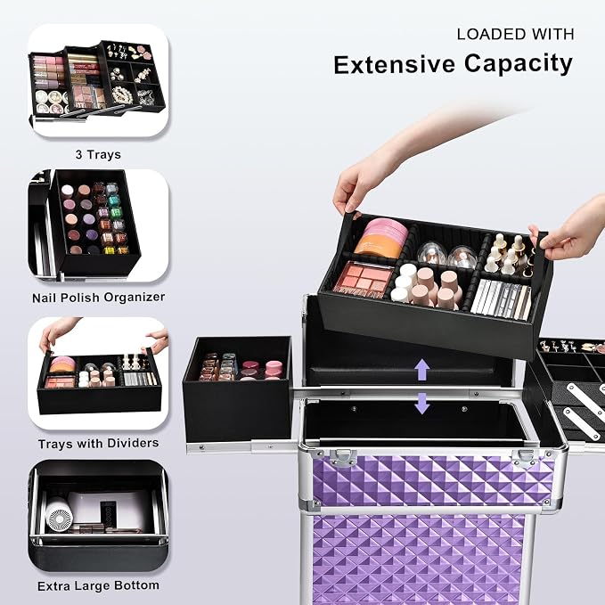 Stagiant Rolling Makeup Train Case Large Storage Cosmetic Trolley 4 Tray with Sliding Rail Removable Middle Layer with Key Swivel Wheels Salon Barber Case Traveling Cart Trunk - Image 3