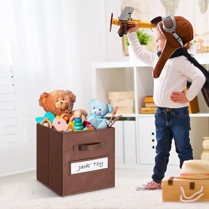 Fabric storage cubes (Set of 8) 11 Inch Cube Storage Bin, Cube storage with 8 Labels Window Cards & a Pen, Foldable cube Organizer bins,11x11 Storage bin, Cubby Organizer Boxes, Brown - Image 5