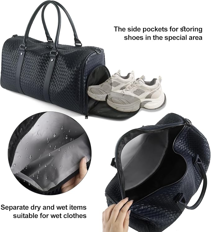 Weekender Bag for Women Men Water-resistant Gym Tote, Leather Woven Travel Duffel Bags with Shoe Compartment - Image 4