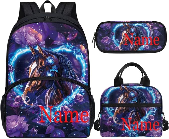 Custom Horse Girls Bookbags Back to School Personalized Backpack Laptop Floral Schoolbag with Lunch Bag and Pencil Box Set 3-in-1 for Teens Girls High School, Purple by Vanideaoty